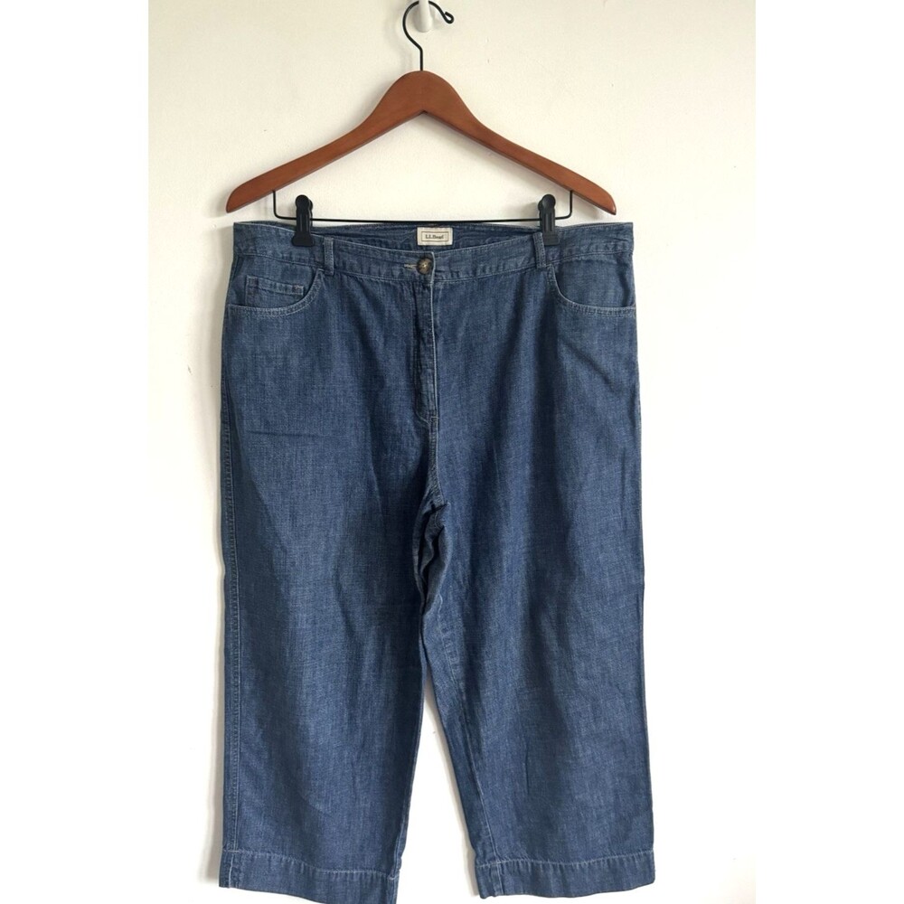 LL Bean Blue Denim Crop Capri Jeans Sz 16 High Rise Med Wash Cotton Ladies